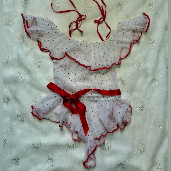 Vintage 90s Red Ribbon Sheer Heart Bodysuit – Made in USA – Size Small - Picture 1 of 3